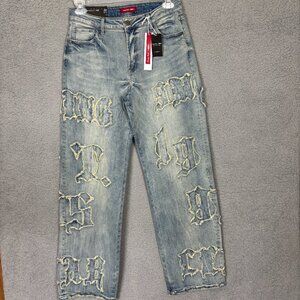 Smoke Rise Red Women's Wide Leg Jeans Distressed Grunge Curvy Fit 13/30 Blue NWT